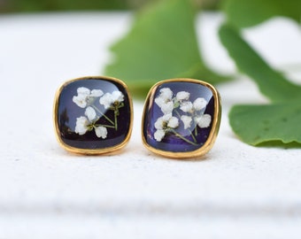 Pendientes de flores Alyssum - Pendientes de poste de acero quirúrgico - Pendientes de flores secas - Joyería de flores reales