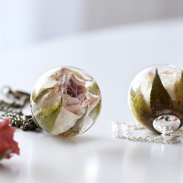 White Rosebud Necklace - Wedding Jewelry - Pressed Flower Resin Jewelry - Real Rose Necklace