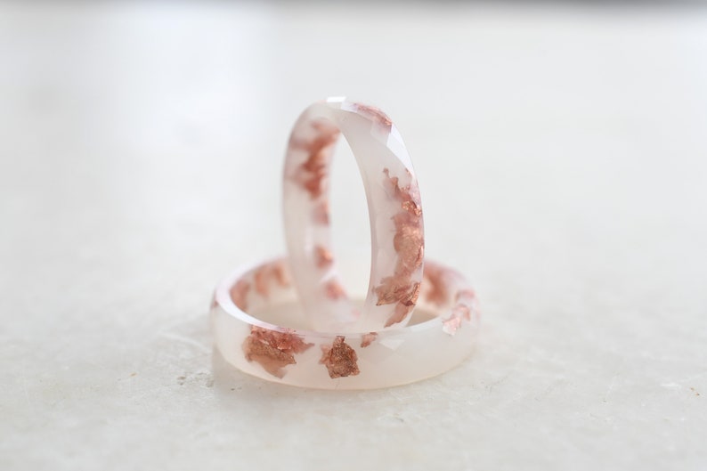 Off White Faceted Ring Band with Rose Gold Leaf Minimalist Resin Jewelry Unique Promise Ring for Her image 8