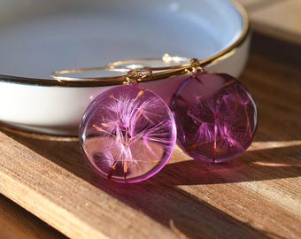 Dandelion Seed Earrings, Real Flower Resin Earrings, Pink Botanical Earrings, Wish Jewelry, Meaningful Gift for Her