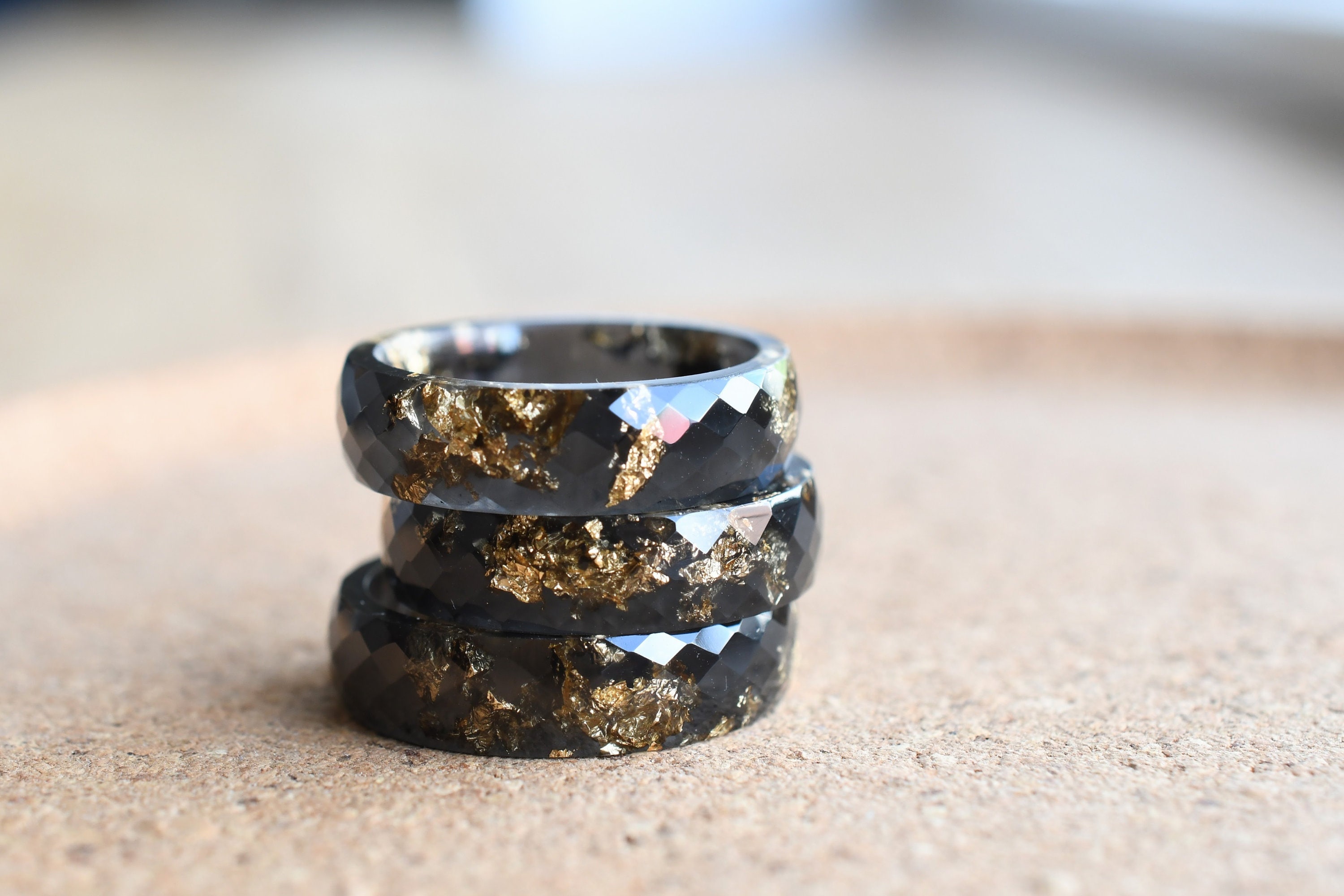 Black Resin Ring With Gold Leaf Alternative Engagement Ring Faceted Mens Ring