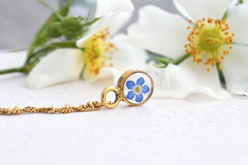 Forget Me Not Gold Terrarium Necklace Real Dried Flower Resin Necklace Pressed Forget Me Not Jewelry image 1