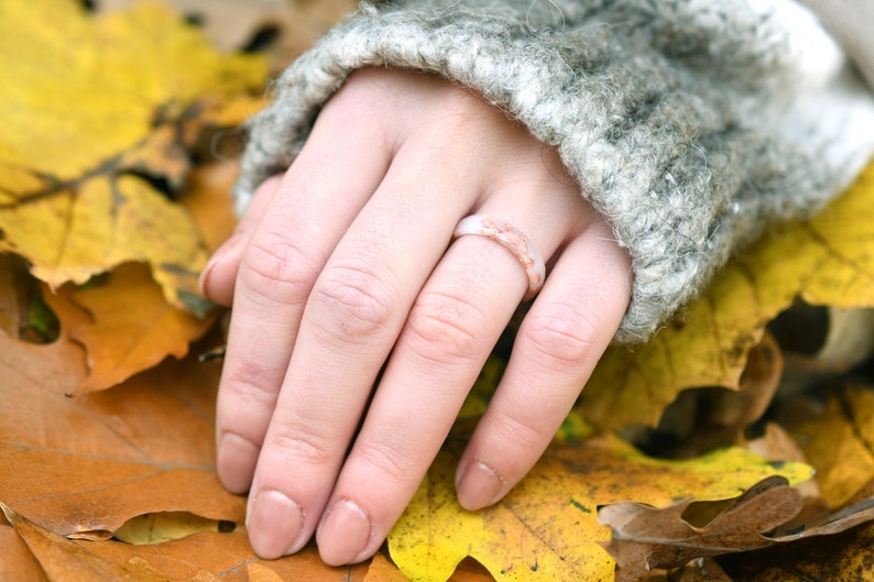 Off White Faceted Ring Band with Rose Gold Leaf Minimalist Resin Jewelry Unique Promise Ring for Her image 3