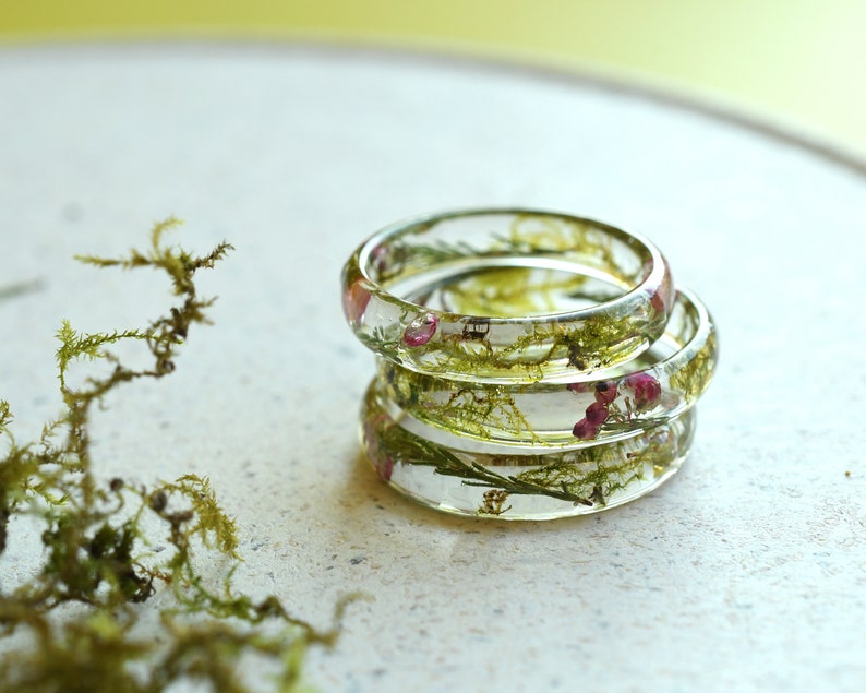 Real Dried Moss and Heather Flower Resin Ring Purity Ring for Her Pressed Flower Jewelry image 6