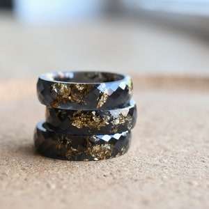Black Resin Ring With Gold Leaf Alternative Engagement Ring Faceted Mens Ring image 9