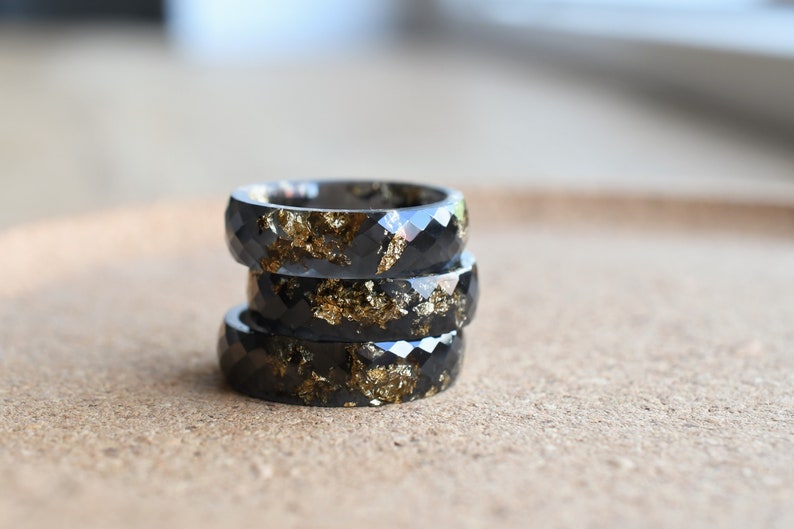 Black Resin Ring With Gold Leaf Alternative Engagement Ring Faceted Mens Ring image 9