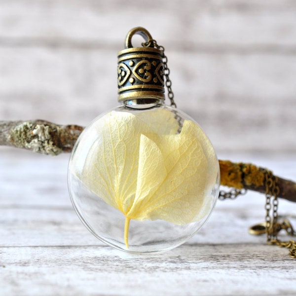 Beige Hortensie Halskette - Terrarium Anhänger Halskette - botanische Schmuck - Flasche Halskette