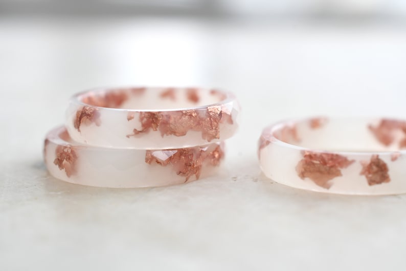 Off White Faceted Ring Band with Rose Gold Leaf Minimalist Resin Jewelry Unique Promise Ring for Her image 6