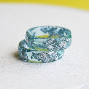 Smooth Aquamarine Resin Ring With Silver Leaf Alternative Engagement Ring image 6