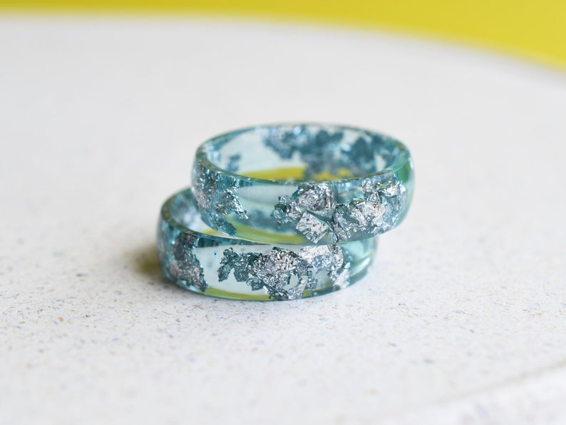 Smooth Aquamarine Resin Ring With Silver Leaf Alternative Engagement Ring image 6