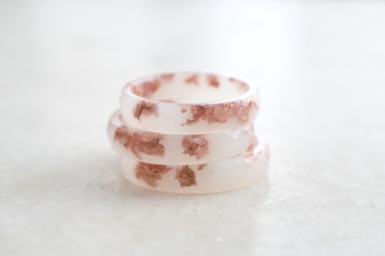Off White Faceted Ring Band with Rose Gold Leaf Minimalist Resin Jewelry Unique Promise Ring for Her image 4
