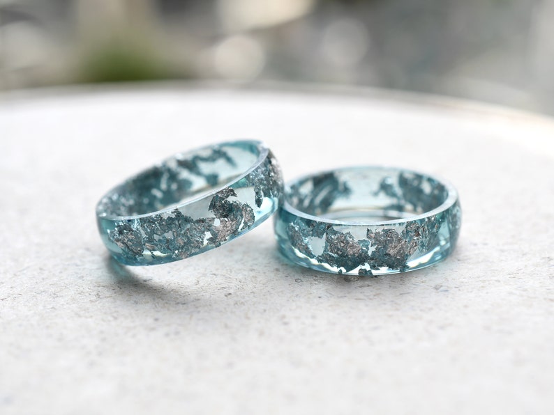 Smooth Aquamarine Resin Ring With Silver Leaf Alternative Engagement Ring image 3