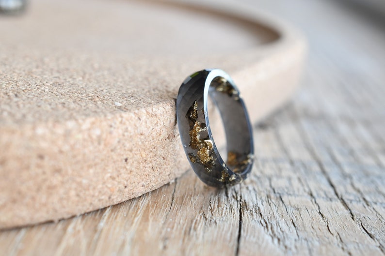 Black Resin Ring With Gold Leaf Alternative Engagement Ring Faceted Mens Ring image 7