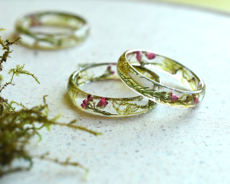 Real Dried Moss and Heather Flower Resin Ring Purity Ring for Her Pressed Flower Jewelry image 4