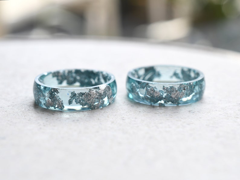 Smooth Aquamarine Resin Ring With Silver Leaf Alternative Engagement Ring image 7