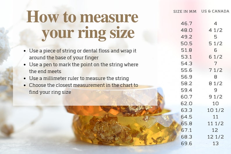 Puede incluir: C&oacute;mo medir el tama&ntilde;o de tu anillo usando hilo o hilo dental. Un gr&aacute;fico muestra los tama&ntilde;os de anillo en mil&iacute;metros y los tama&ntilde;os de EE. UU./Canad&aacute;.