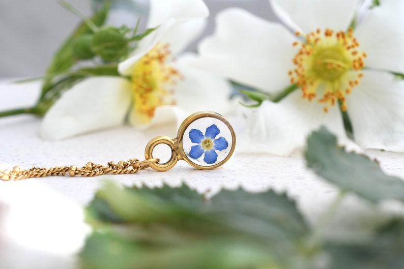 Forget Me Not Gold Terrarium Necklace Real Dried Flower Resin Necklace Pressed Forget Me Not Jewelry image 5