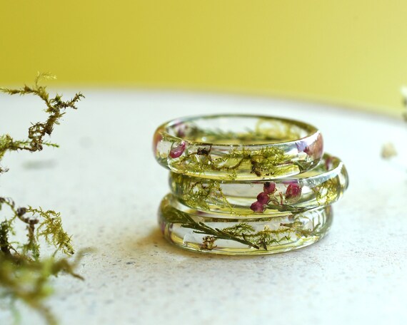 Real Dried Moss and Heather Flower Resin Ring Purity Ring for Her