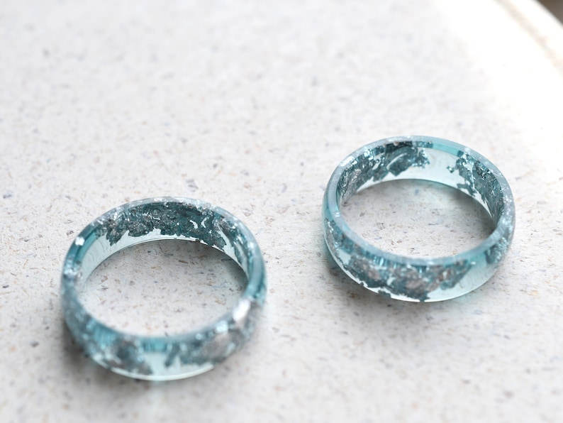 Smooth Aquamarine Resin Ring With Silver Leaf Alternative Engagement Ring image 8