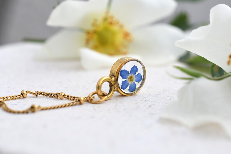 Forget Me Not Gold Terrarium Necklace Real Dried Flower Resin Necklace Pressed Forget Me Not Jewelry image 4