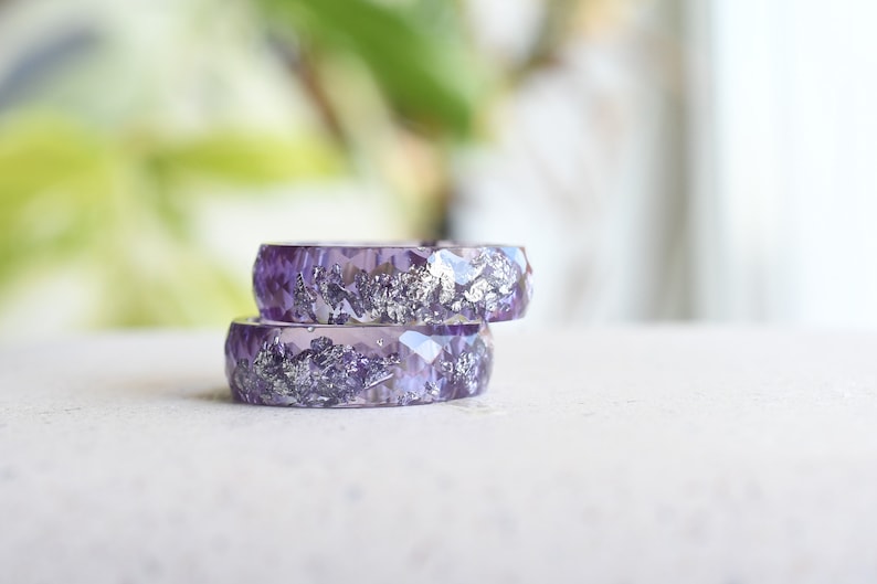 Hypoallergenic Lavender Faceted Resin Ring with Silver Flakes Unconventional Mens Ring Epoxy Resin Jewelry Unisex Ring image 9