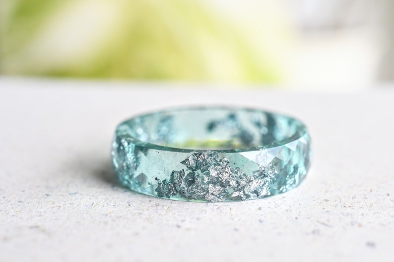 Aquamarine Resin Ring With Silver Leaf Alternative Engagement Ring image 1