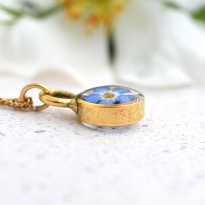 Forget Me Not Gold Terrarium Necklace Real Dried Flower Resin Necklace Pressed Forget Me Not Jewelry image 6