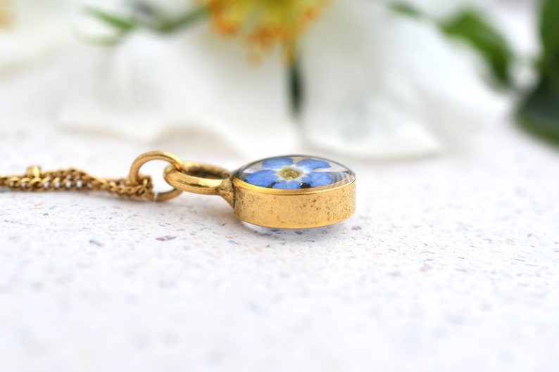 Forget Me Not Gold Terrarium Necklace Real Dried Flower Resin Necklace Pressed Forget Me Not Jewelry image 6