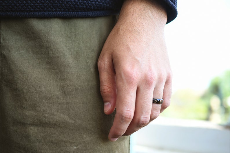 Black Resin Ring With Gold Leaf Alternative Engagement Ring Faceted Mens Ring image 2