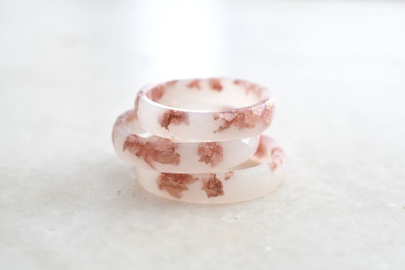 Off White Resin Ring Band with Rose Gold Leaf - Minimalist Jewelry