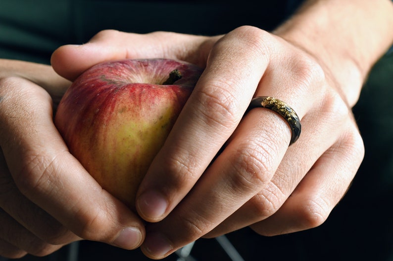 Black Resin Ring With Gold Leaf Alternative Engagement Ring Faceted Mens Ring image 8