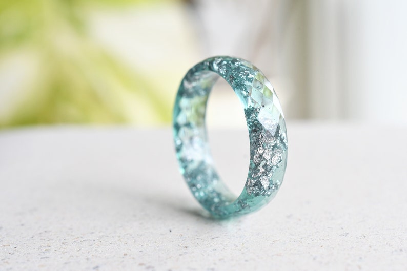 Aquamarine Resin Ring With Silver Leaf Alternative Engagement Ring image 3