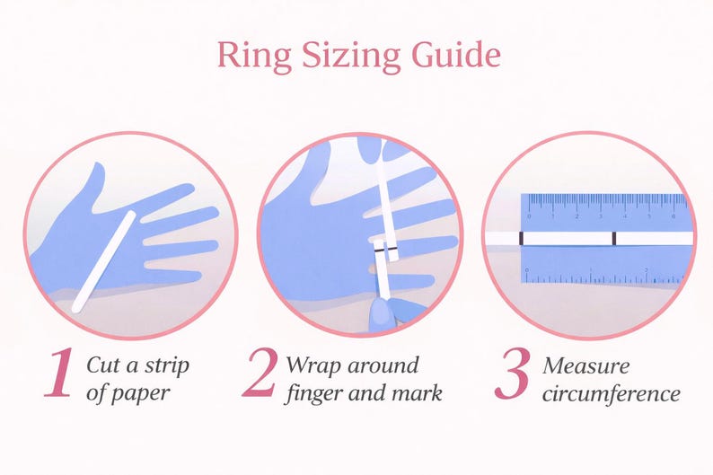 May include: Ring sizing guide with three steps: cut a paper strip, wrap around finger and mark, then measure circumference. The guide shows hands wearing blue gloves, a white paper strip, and a ruler. Text reads "Ring Sizing Guide".