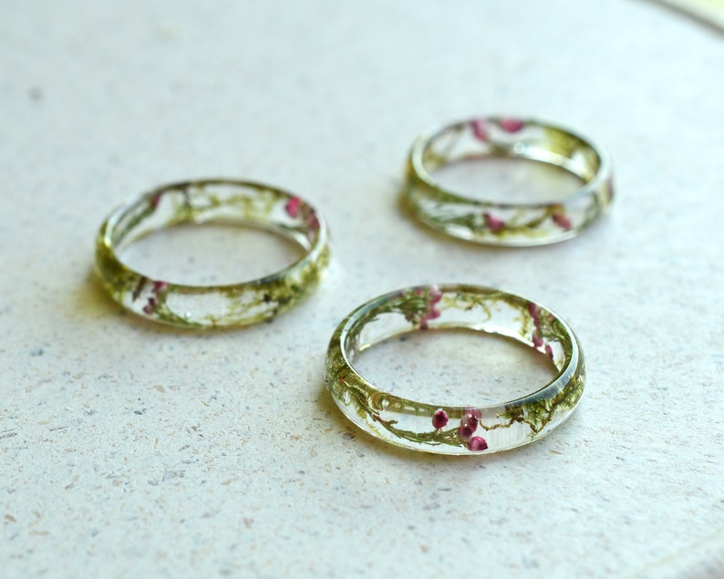 Real Dried Moss and Heather Flower Resin Ring Purity Ring for Her Pressed Flower Jewelry image 5