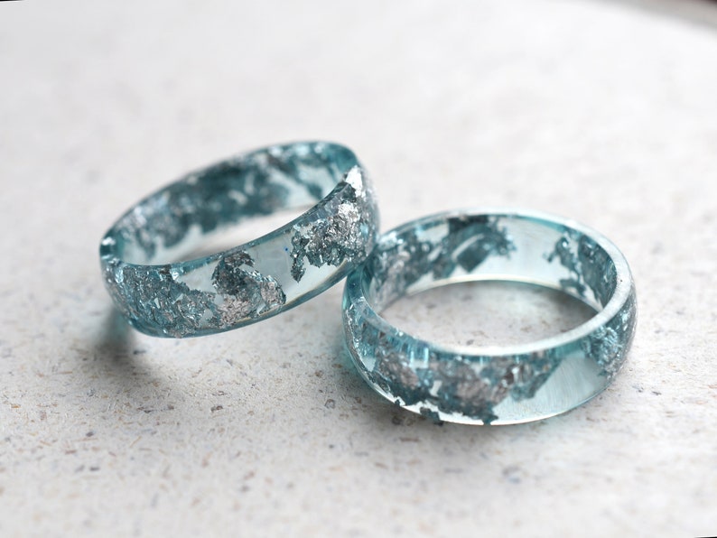 Smooth Aquamarine Resin Ring With Silver Leaf Alternative Engagement Ring image 1