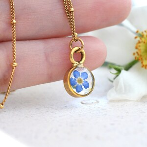 Forget Me Not Gold Terrarium Necklace Real Dried Flower Resin Necklace Pressed Forget Me Not Jewelry image 2