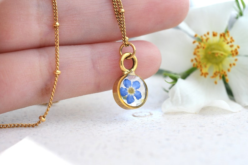 Forget Me Not Gold Terrarium Necklace Real Dried Flower Resin Necklace Pressed Forget Me Not Jewelry image 2