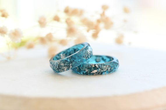 Teal Faceted Resin Ring With Silver Flakes Stacking Ring