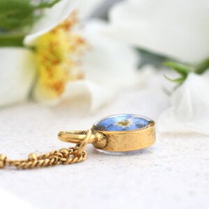 Forget Me Not Gold Terrarium Necklace Real Dried Flower Resin Necklace Pressed Forget Me Not Jewelry image 3