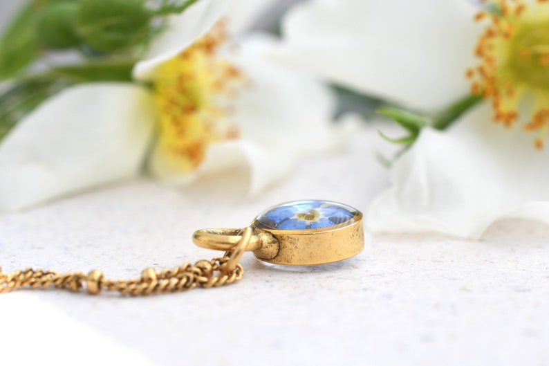 Forget Me Not Gold Terrarium Necklace Real Dried Flower Resin Necklace Pressed Forget Me Not Jewelry image 3