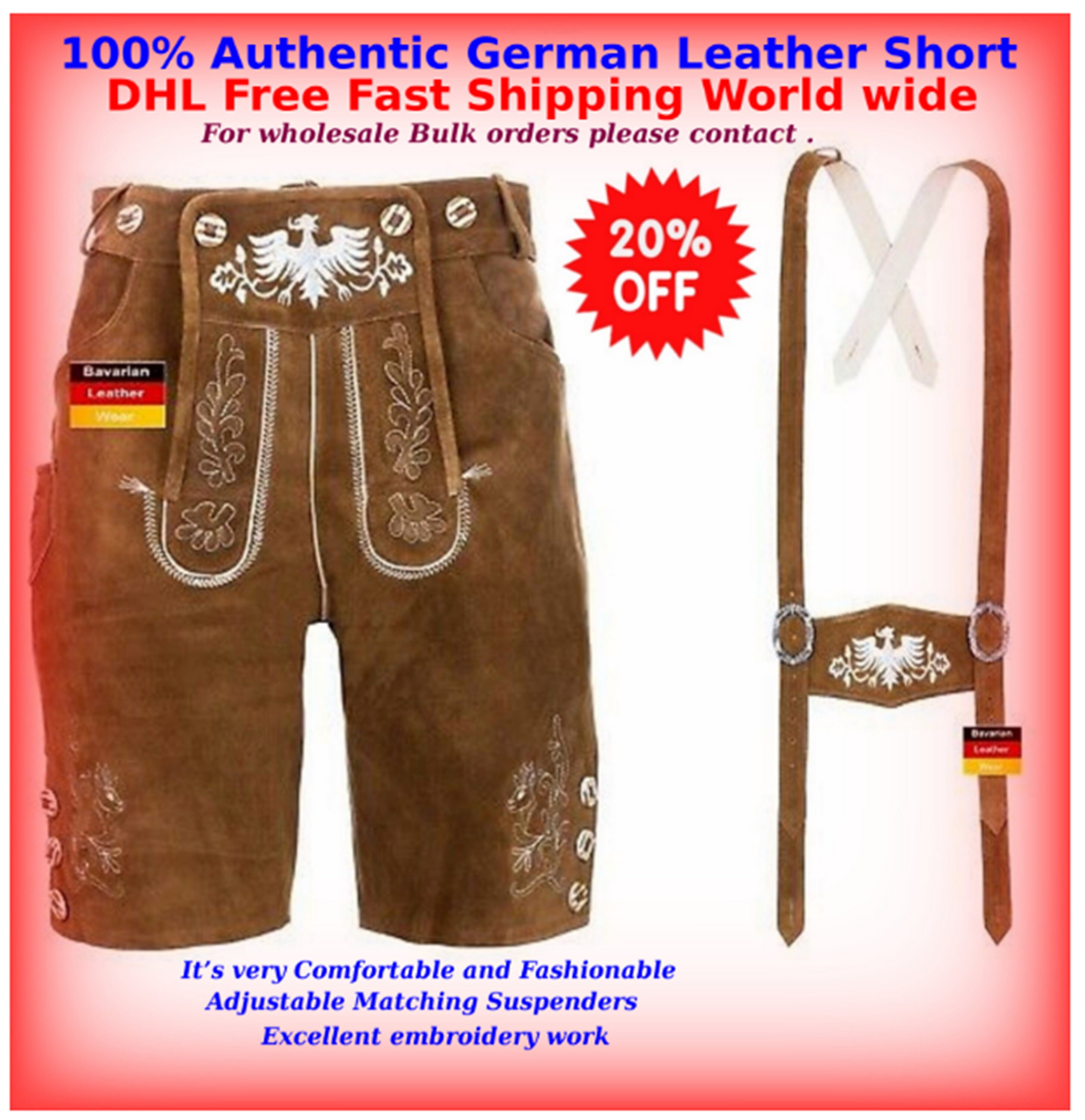Oktoberfest German Bavarian Authentic leather Bundhosen brown