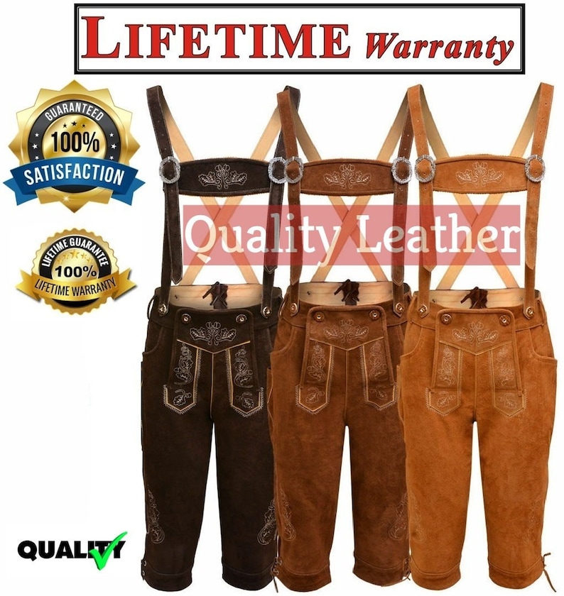 Bavarian Lederhosen Oktoberfest German Real Leather Brown with Matching Shorts