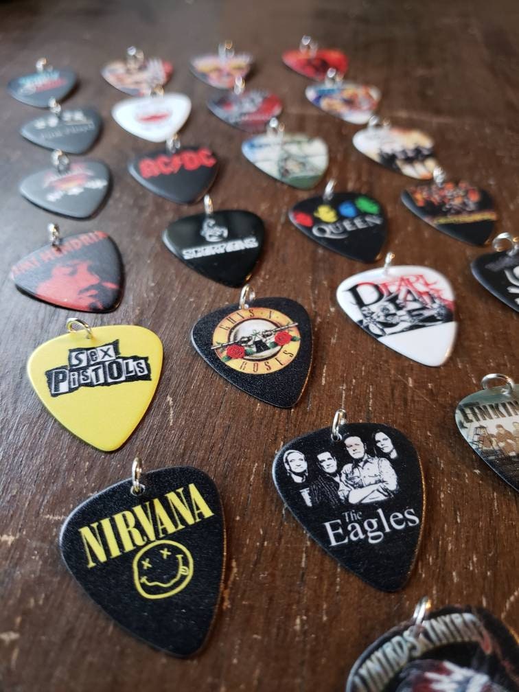 Rock Band Guitar Pick Necklaces and Charms -  Nirvana, The Beatles, T…