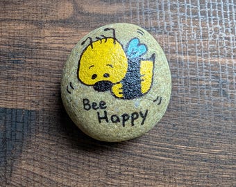 Hand Painted Rock – “Bee Happy” Bumblebee Hippie Rock – Garden Rock Decor, Outdoor or Indoor Painted Stone Gift