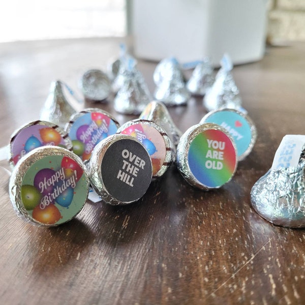 Happy Birthday Hershey Kiss Candy Favors - Individually wrapped Funny Party Favors - 52 Options - Labels or Candy
