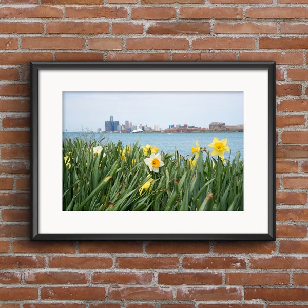 Detroit Skyline Through Blooming Daffodils Art Print - Spring, Flowers, Belle Isle Detroit Skyline Photograph