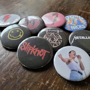 Rock and Roll, Grunge, Music Buttons - Small 1.5" Pins - Guitar Pick, Nirvana, Blondie, Amy Winehouse, Slipknot, Metallica Pinback Buttons