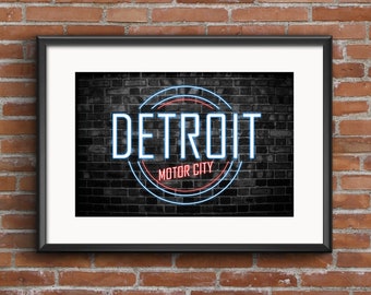 Detroit Neon Sign Art Print: Michigan Motor City Photo