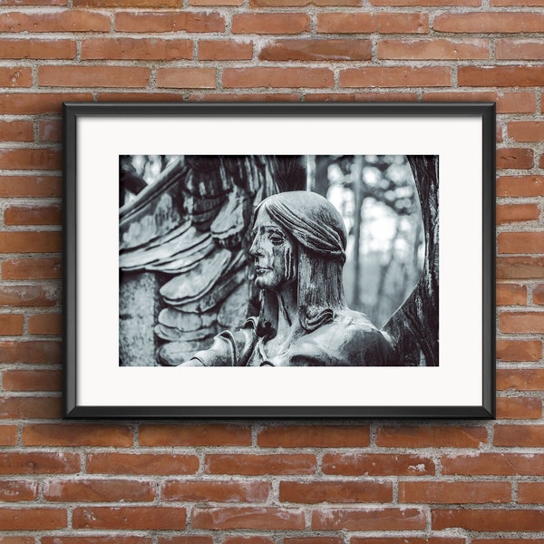 Gothic Weeping Angel Grave Marker Art Print - Haunted Graveyard Cemetery Photo Print