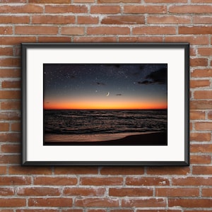 Sunset, Crescent Moon and Starry Sky Lake Michigan Art Print  - Pure Michigan Sunset Poster - Holland Michigan Photography